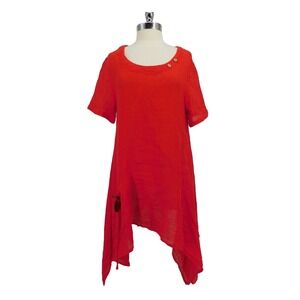 Del Sol Red Tunic Top Asymmetrical‎ Hem Short Sleeve S-M Button Accent